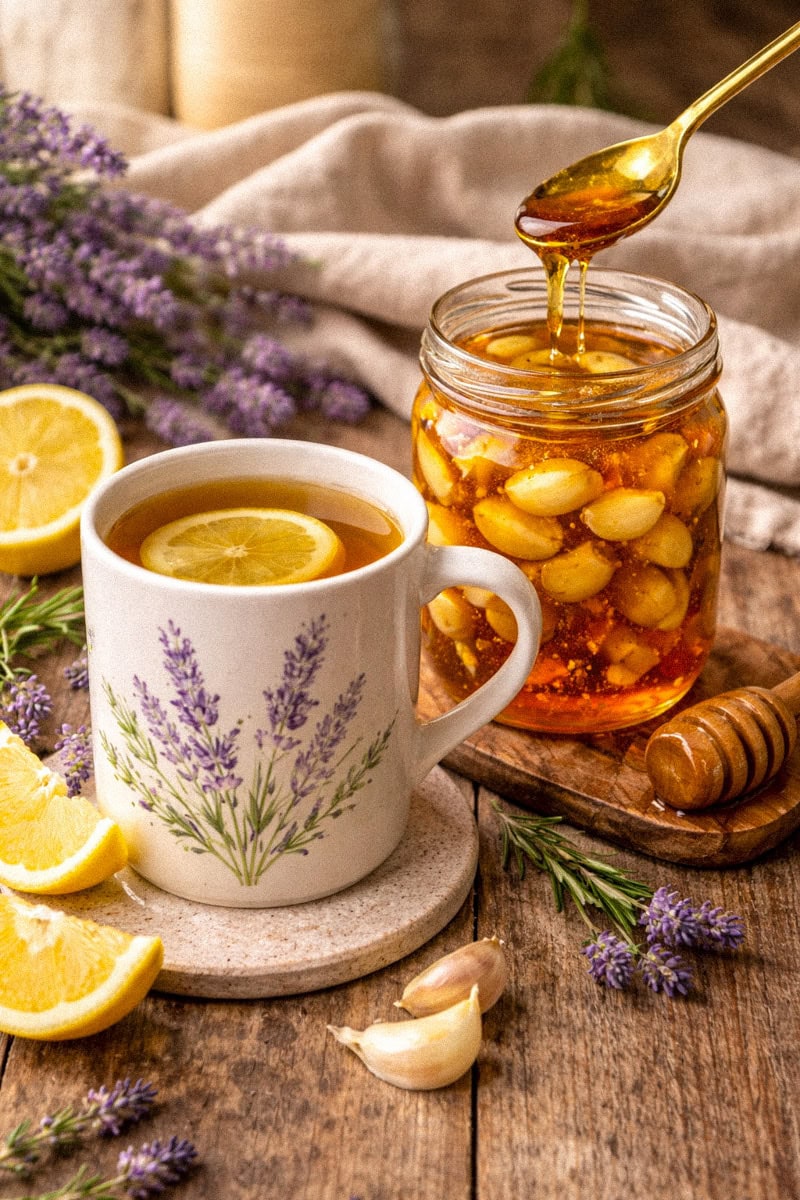 White mug of warm lemon tea on a farmhouse table with lavender flowers and a glass jar of garlic infusion nearby