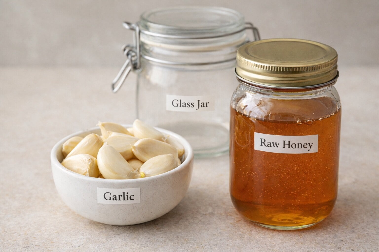 Fresh garlic cloves, raw honey, and a glass jar used to make fermented garlic honey 