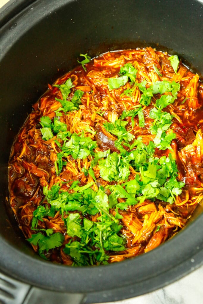 Shredded BBQ chicken cooking in a slow cooker, topped with fresh cilantro and rich barbecue sauce