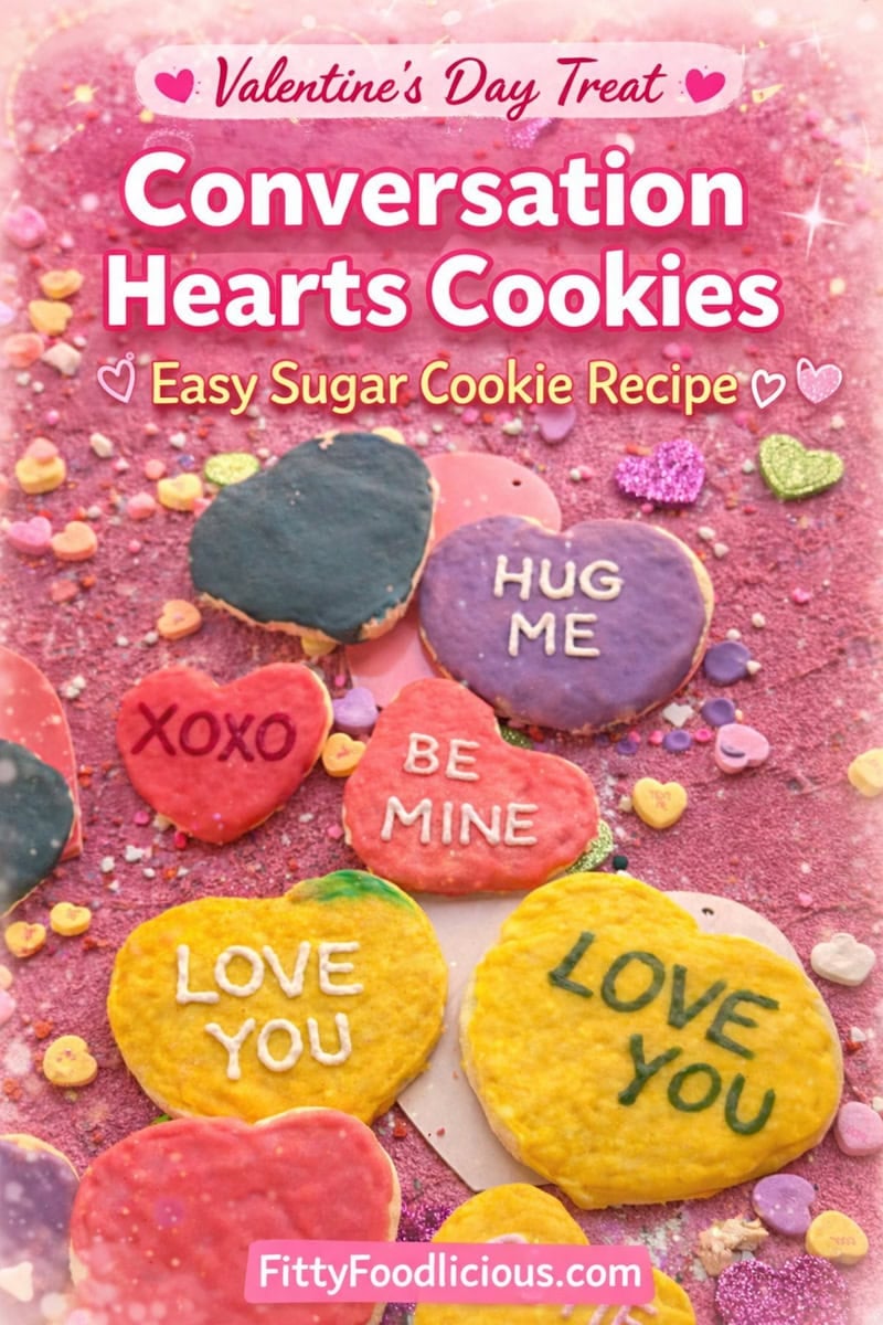 Colorful homemade conversation hearts cookies decorated with royal icing and sweet sayings like “Love You,” “Be Mine,” and “Hug Me” on a pink Valentine’s Day background with candy hearts.