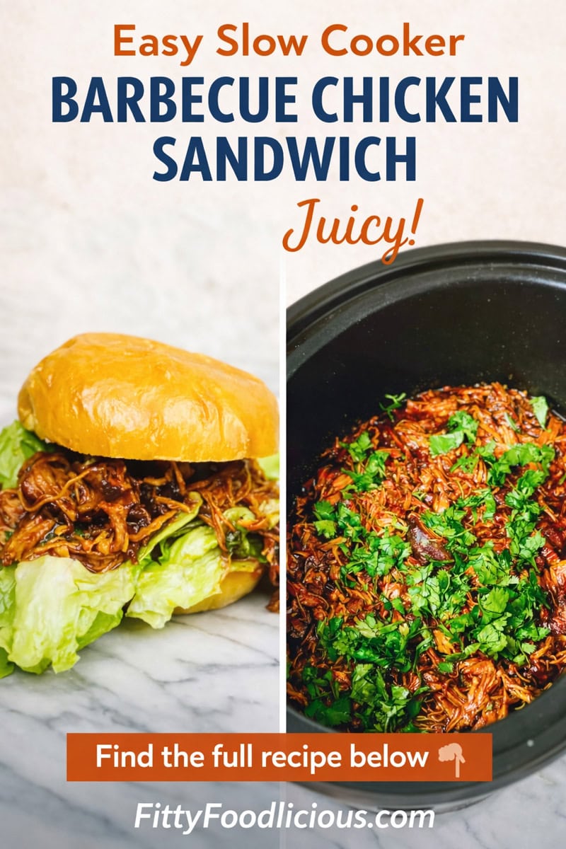 Close-up of a juicy slow cooker BBQ chicken sandwich piled high on a bun with shredded barbecue chicken, perfect for an easy game day dinner recipe.