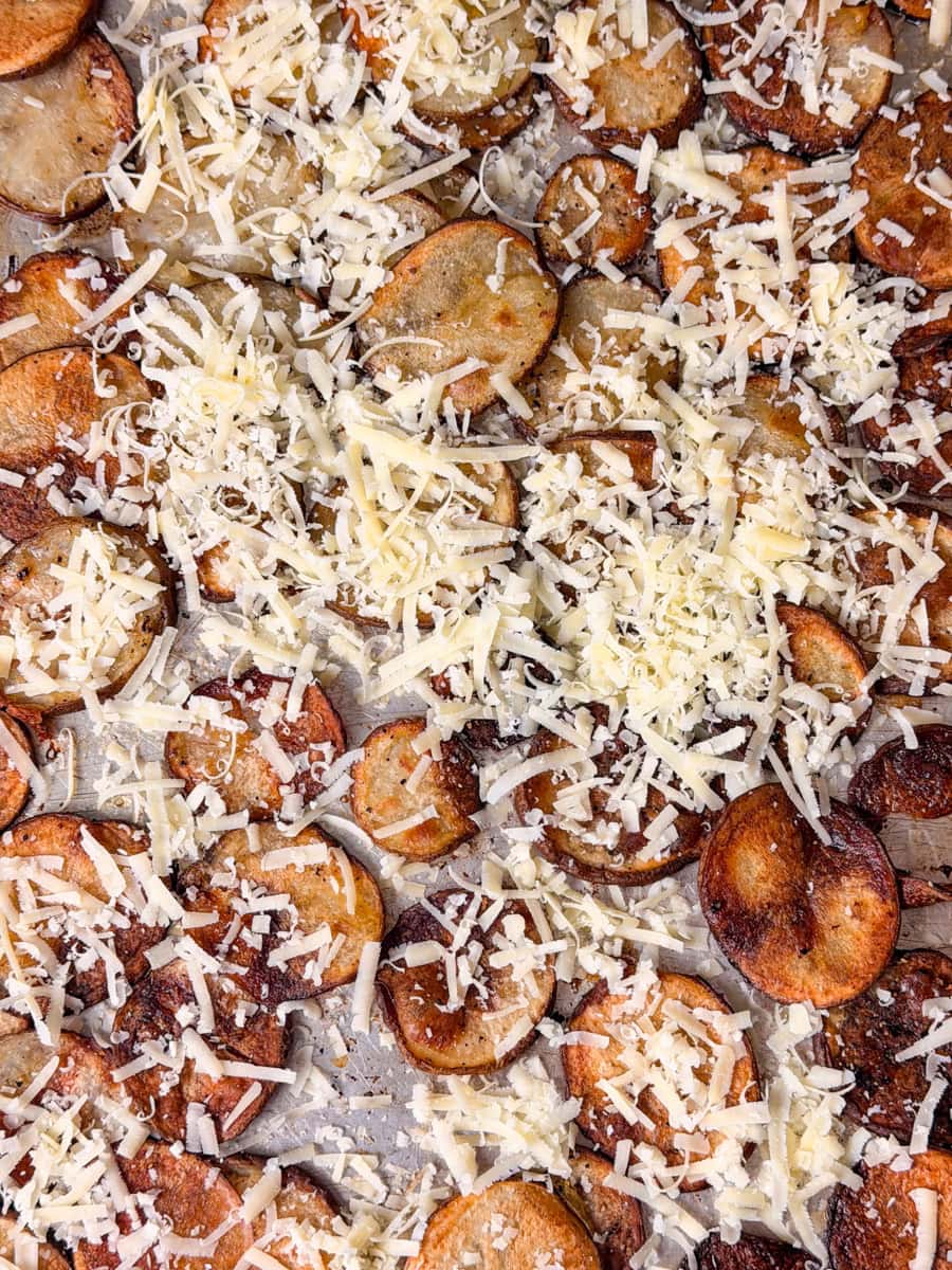 Crispy baked potato slices topped with shredded cheddar and Dubliner cheese for Irish nachos before melting in the oven