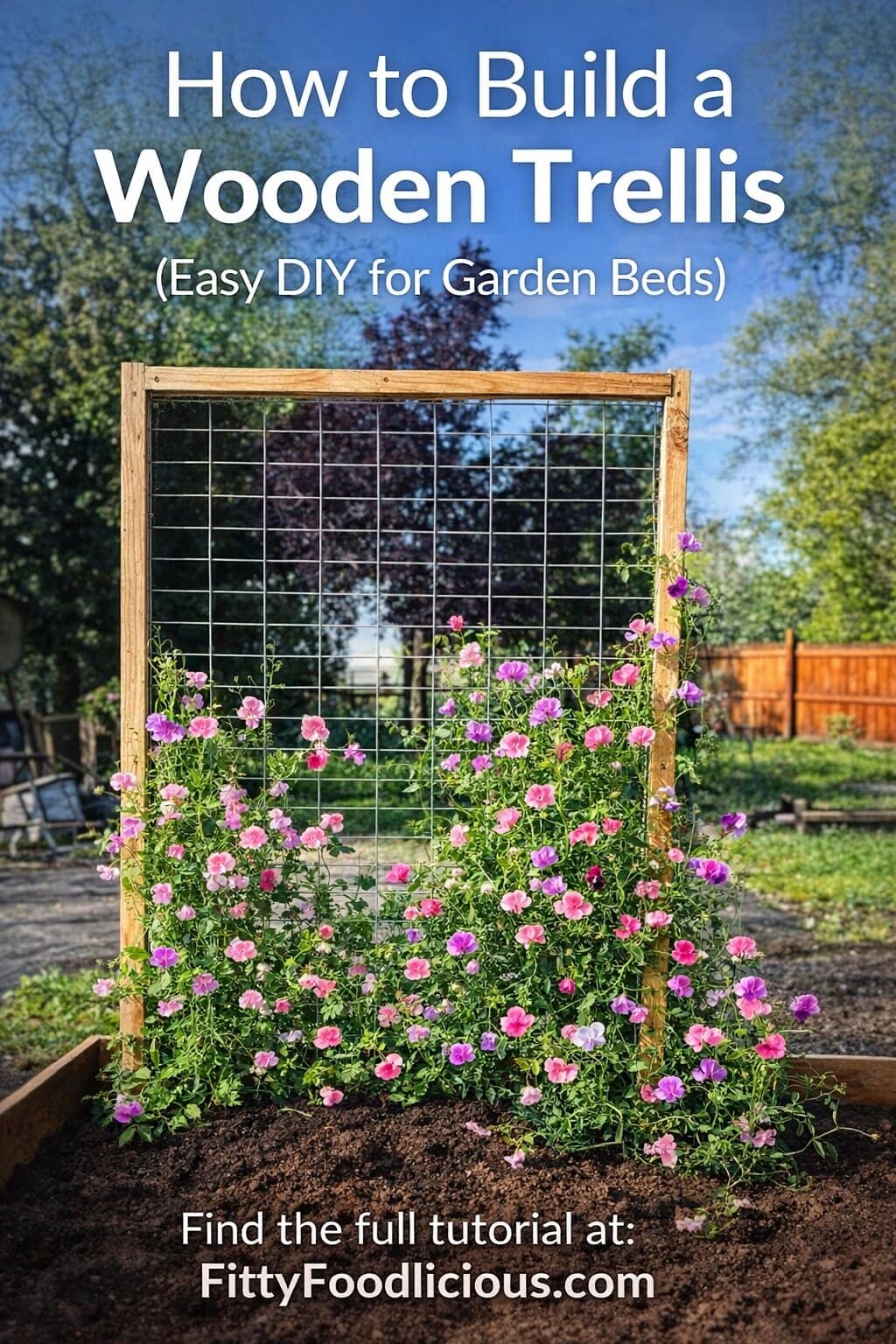 Pin for how to build a wooden trellis step-by-step