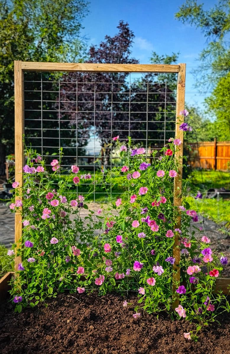 DIY Garden Trellis with Sweat Peas climbing on it in Zone9b Northern California Garden Bed 
