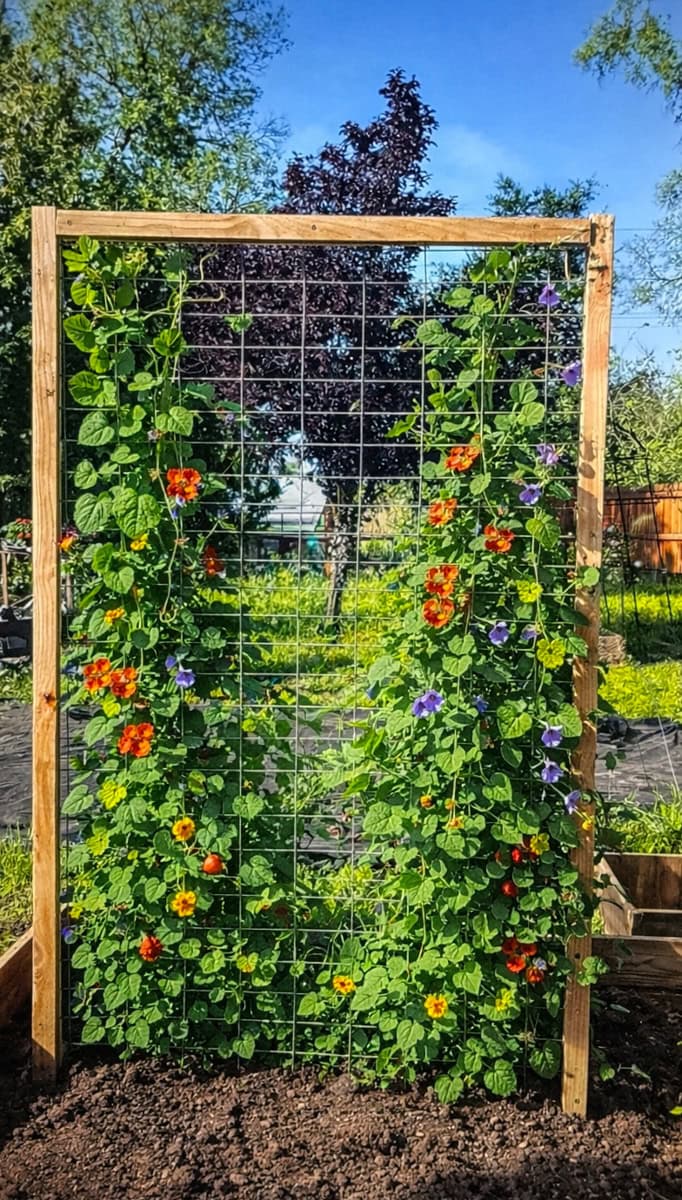 DIY wooden trellis with climbing flowers and vegetables growing vertically in a garden bed