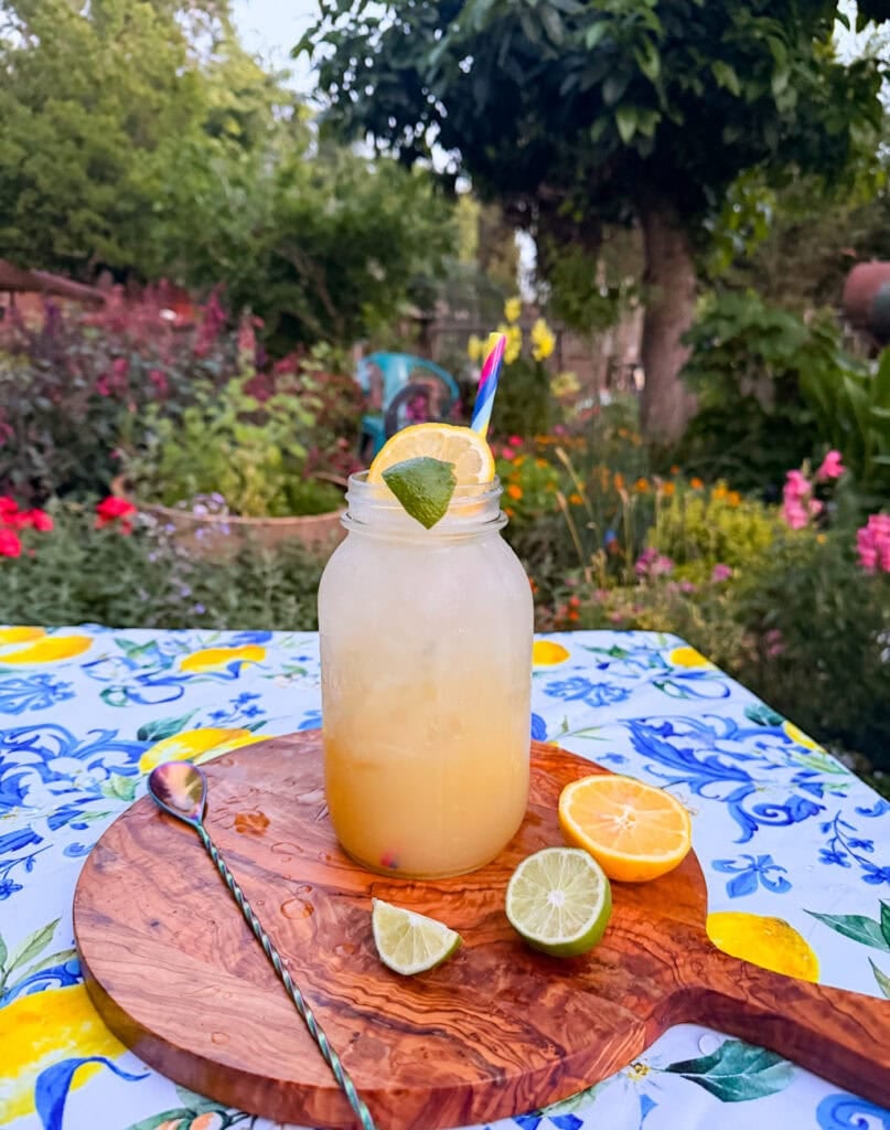 Healthy homemade lemon lime soda served over ice in a mason jar with sparkling water, fresh lemon and lime slices, and a colorful straw on a cottage garden table.