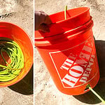 Side-by-side collage showing a DIY outdoor hose storage hack using an orange utility bucket with a green garden hose coiled inside and threaded through the side of the bucket for backyard organization.