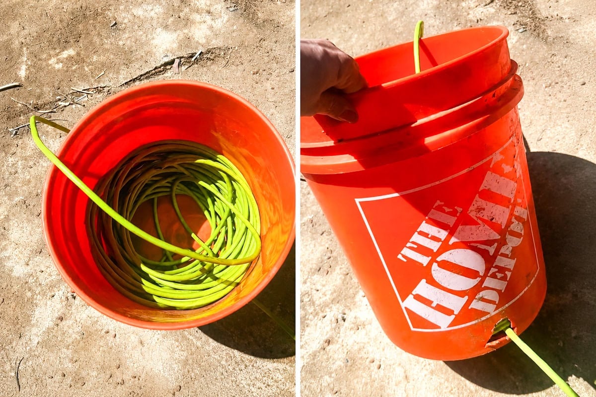 Side-by-side collage showing a DIY outdoor hose storage hack using an orange utility bucket with a green garden hose coiled inside and threaded through the side of the bucket for backyard organization.