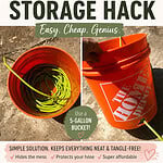 Pinterest graphic showing a DIY outdoor hose and extension cord storage hack using a 5-gallon bucket with side-by-side photos of a garden hose stored inside an orange utility bucket.