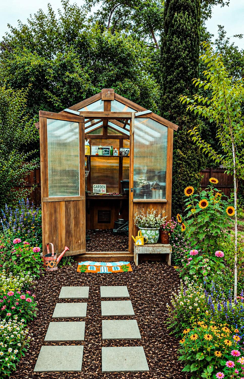 Cottage garden path with stepping stone pavers, mulch, and flowering plants leading to a backyard greenhouse.