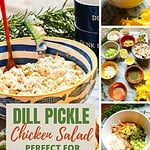 Creamy dill pickle chicken salad recipe made with rotisserie chicken, dill pickles, celery, and a creamy dressing served with crackers.