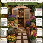 DIY garden path flower ideas featuring lavender, coneflowers, salvia, zinnias, yarrow, creeping thyme, black-eyed Susans, and snapdragons planted along a stepping stone garden pathway leading to a greenhouse.