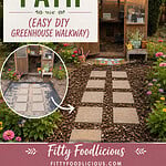 DIY garden path tutorial showing a backyard greenhouse walkway made with square stepping stone pavers and mulch. The infographic features a before-and-after transformation of a cottage garden pathway leading to a greenhouse, with colorful flowers lining the path and tips for creating an inexpensive garden path without concrete.
