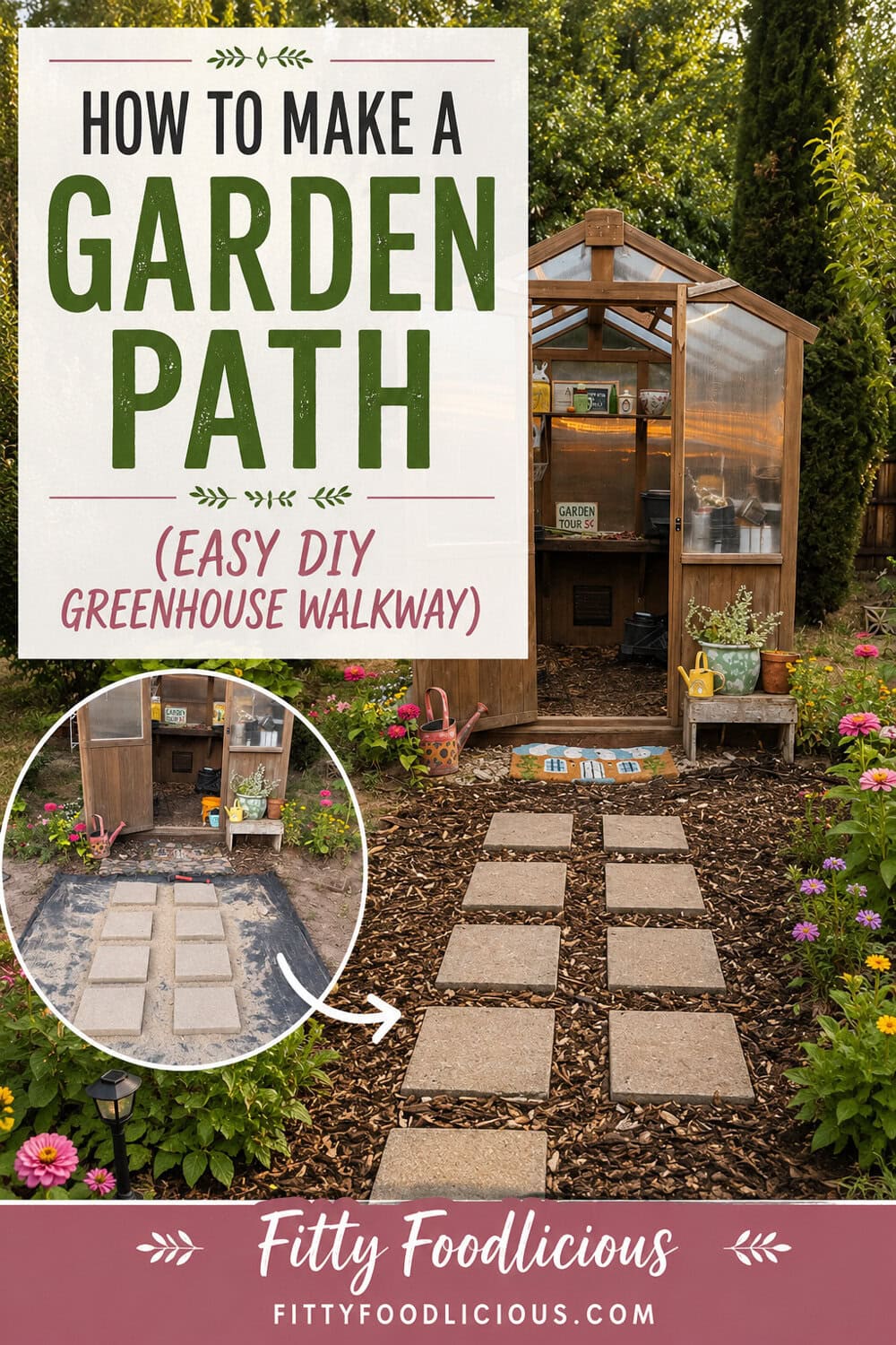 DIY garden path tutorial showing a backyard greenhouse walkway made with square stepping stone pavers and mulch. The infographic features a before-and-after transformation of a cottage garden pathway leading to a greenhouse, with colorful flowers lining the path and tips for creating an inexpensive garden path without concrete. 
