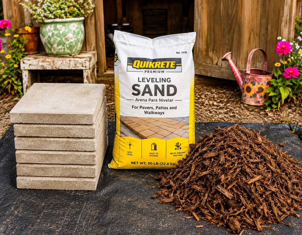 Garden path materials including square stepping stone pavers, leveling sand, mulch, and weed barrier fabric for building a DIY backyard pathway.