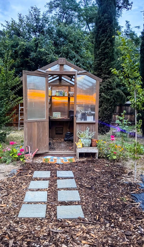 Easy garden path made with stepping stone pavers, mulch, and weed barrier fabric leading to a backyard greenhouse.