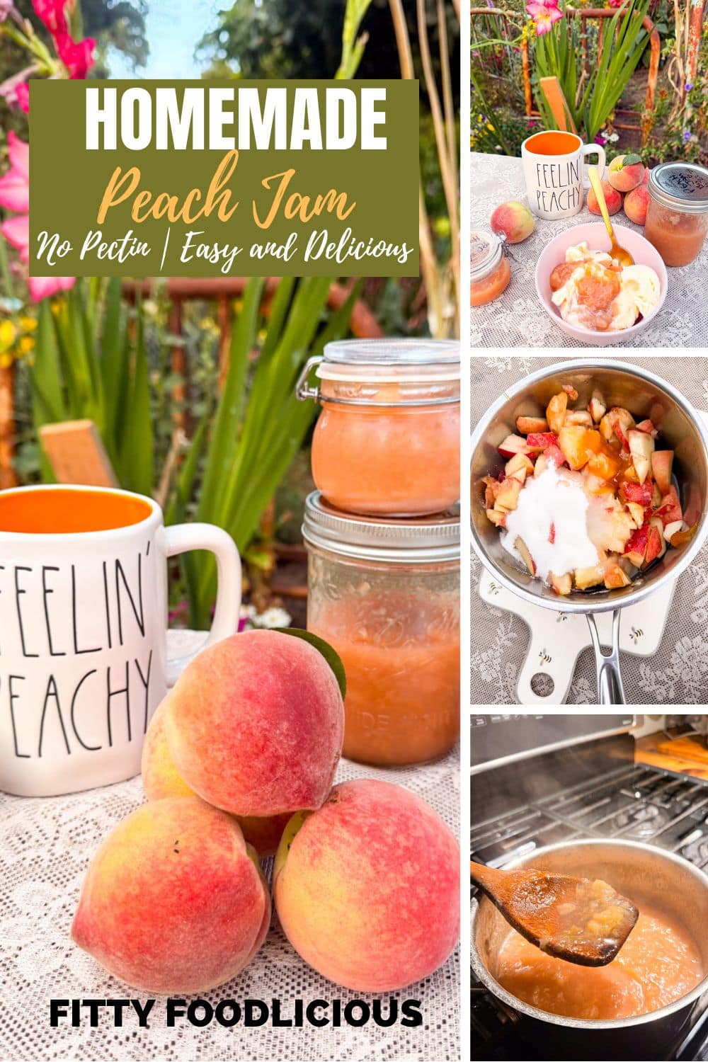 Pin Alt Text Learn how to make fresh homemade peach jam without pectin using ripe peaches, honey, and sugar. This easy recipe includes step-by-step instructions for making delicious peach jam at home.