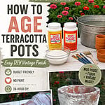 A Pinterest graphic showing how to age terracotta pots using Mod Podge, flour, and water. The collage features DIY supplies, the weathering process, and a finished vintage-style terracotta pot with the text “How to Age Terracotta Pots.”