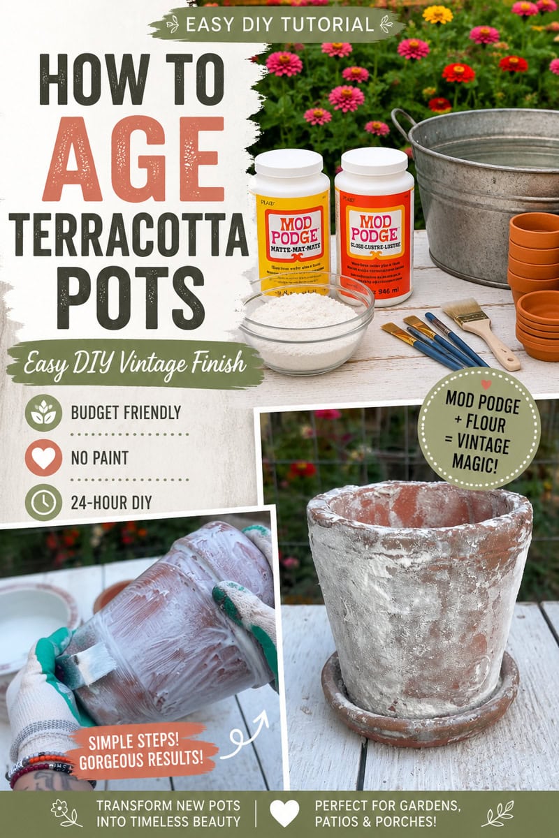 A Pinterest graphic showing how to age terracotta pots using Mod Podge, flour, and water. The collage features DIY supplies, the weathering process, and a finished vintage-style terracotta pot with the text “How to Age Terracotta Pots.”