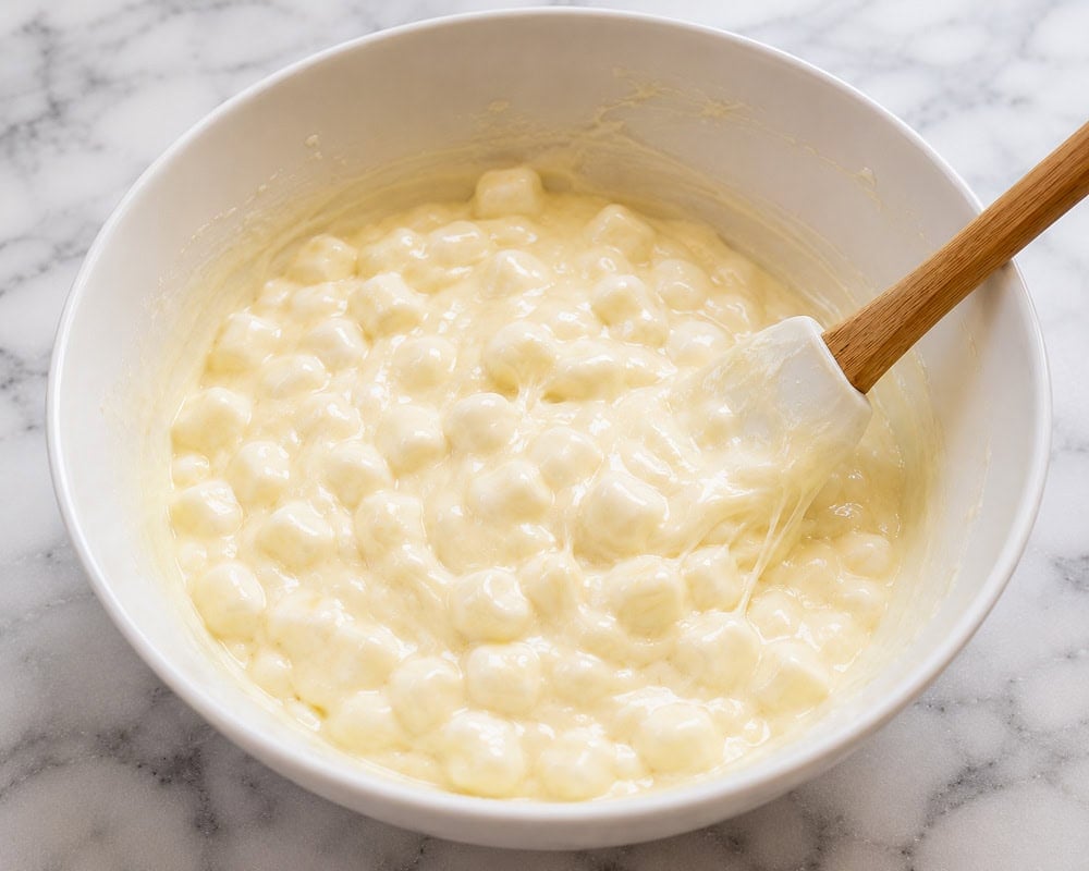 Melted butter and mini marshmallows mixed together for Fourth of July Rice Krispie treats.