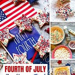Pinterest pin featuring star-shaped Fourth of July Rice Krispie treats with patriotic sprinkles, ingredient photos, and step-by-step recipe images.