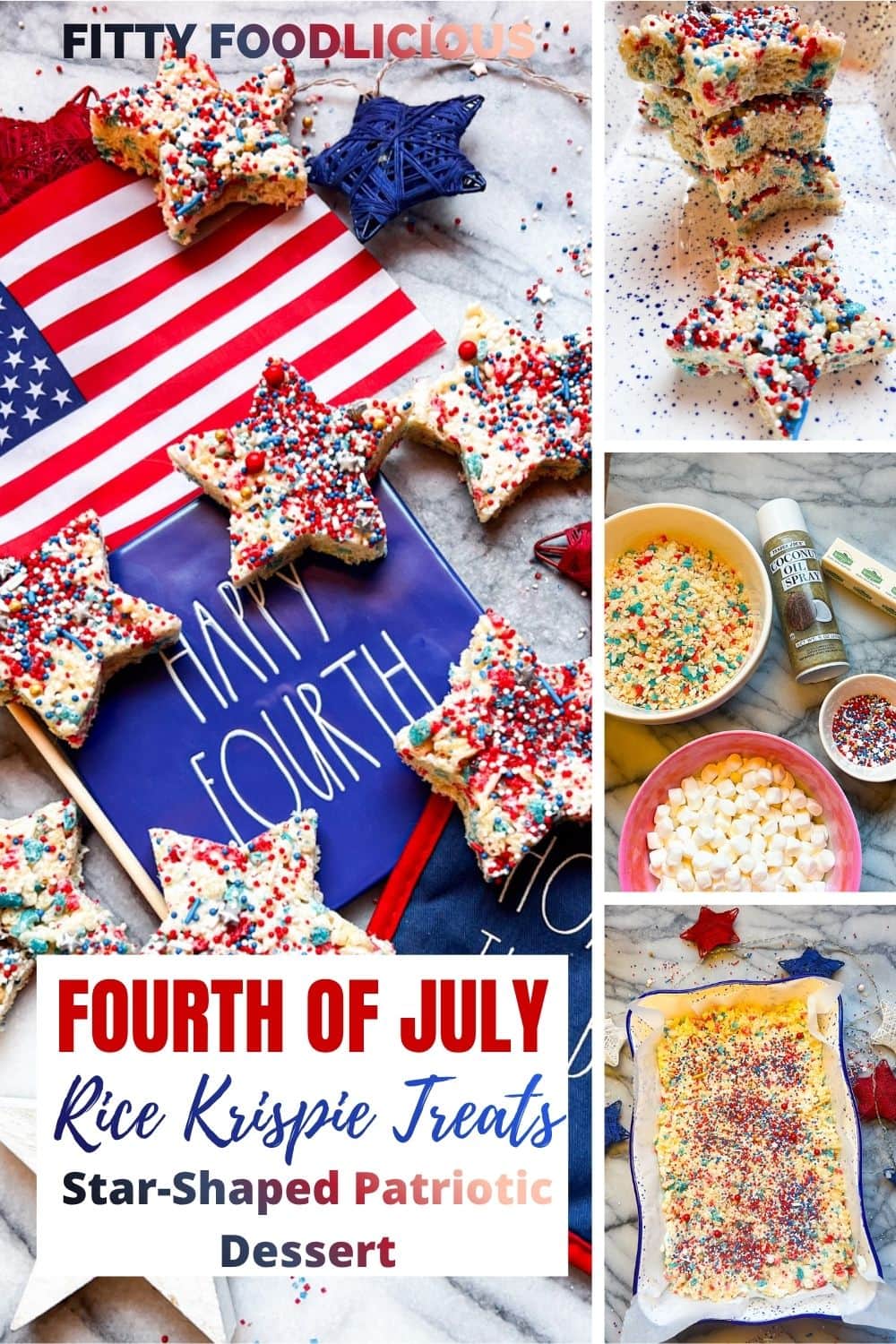 Pinterest pin featuring star-shaped Fourth of July Rice Krispie treats with patriotic sprinkles, ingredient photos, and step-by-step recipe images.