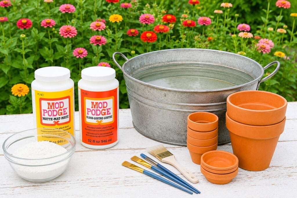 Supplies for aging terracotta pots including terracotta pots, Mod Podge, flour, paint brushes, and a galvanized tub of water on a white table outdoors.