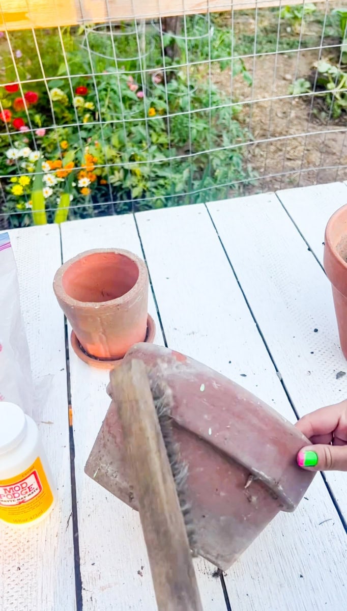 Scrubbing dirt and dust from a terracotta pot with a scrub brush before applying the faux aging finish.