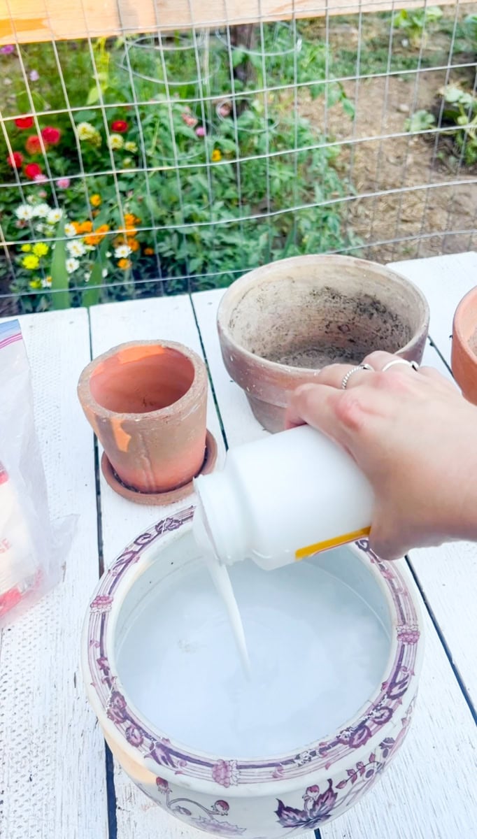 Pouring a diluted Mod Podge mixture into a clean terracotta pot before coating the surface to create an aged finish.