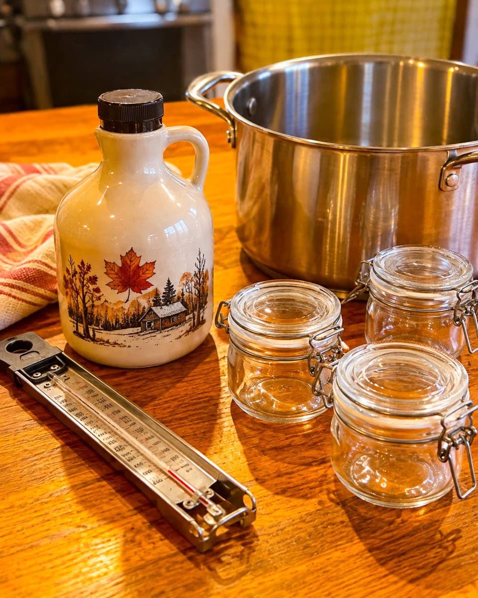 Homemade maple butter ingredients with pure maple syrup, a stock pot, candy thermometer, and small glass jars on a wooden kitchen counter.