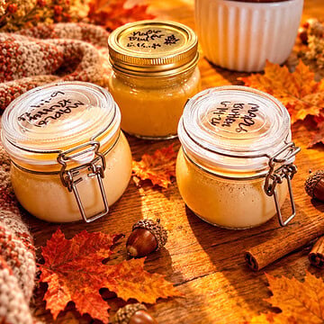 Homemade Maple Butter in cozy Fall jars on a Fall themed kitchen counter