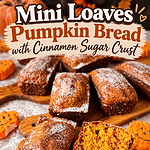 Mini pumpkin bread loaves with a cinnamon sugar crust arranged on wooden serving boards, with two sliced loaves showing their moist pumpkin centers. Pinterest graphic features the recipe title and fittyfoodlicious.com.