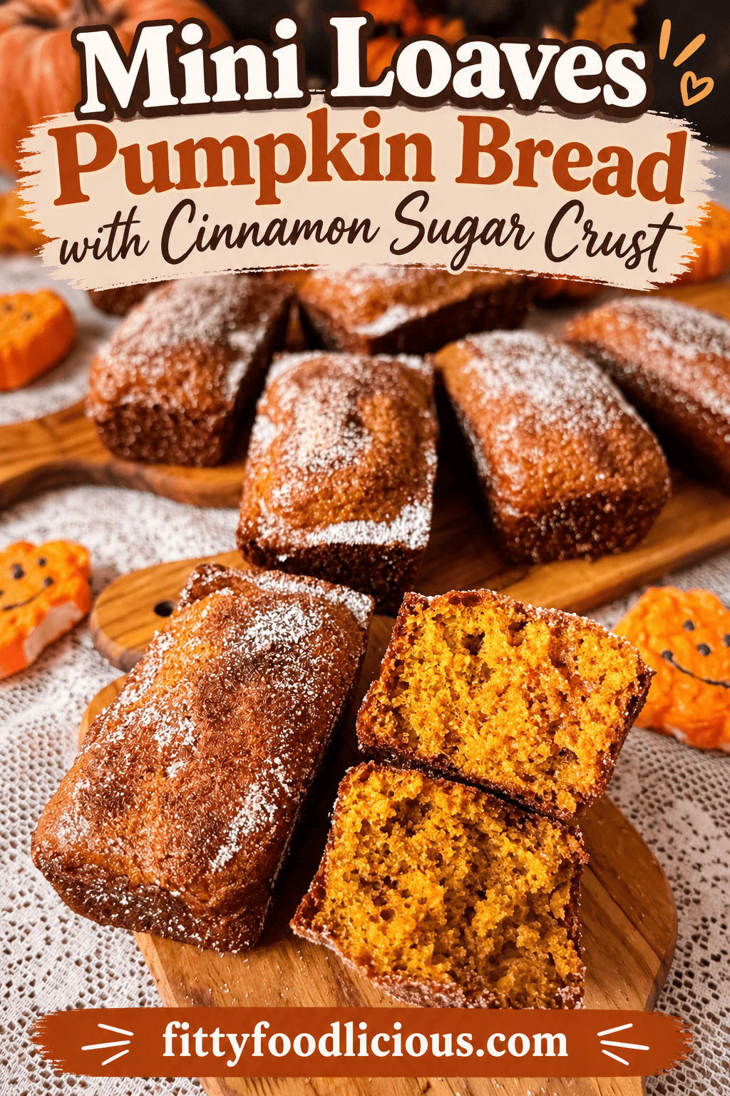 Mini pumpkin bread loaves with a cinnamon sugar crust arranged on wooden serving boards, with two sliced loaves showing their moist pumpkin centers. Pinterest graphic features the recipe title and fittyfoodlicious.com.