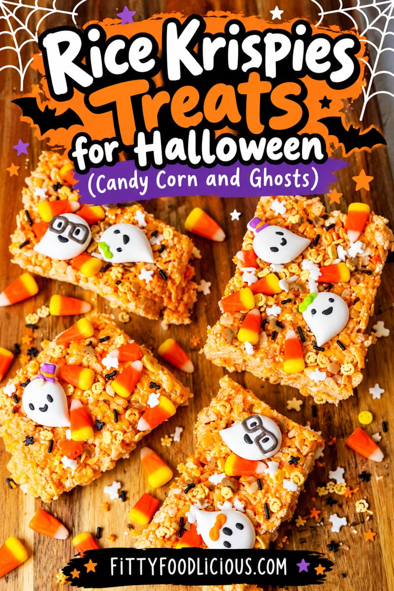Halloween Rice Krispies Treats Pinterest pin featuring orange marshmallow cereal bars decorated with candy corn, ghost candies, and Halloween sprinkles, with festive bats, spiderwebs, and recipe title.