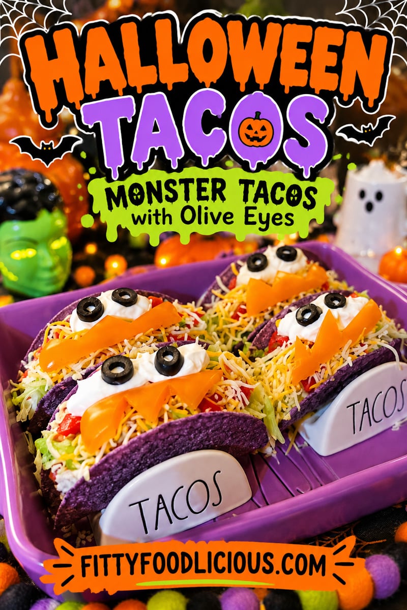 Pinterest graphic featuring Halloween monster tacos in purple taco shells, decorated with black olive eyes, sour cream, and orange bell pepper smiles, with colorful Halloween decorations and bold orange and purple lettering.