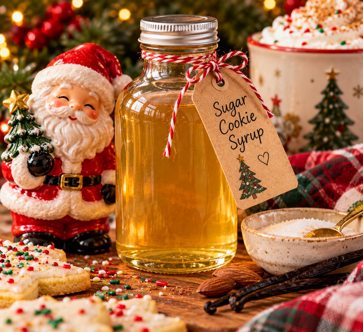 Glass bottle of homemade sugar cookie syrup with a festive Christmas tag, surrounded by Santa decor, holiday cookies, and vanilla beans