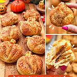 Pinterest graphic featuring golden brown pumpkin pie hand pies made with flaky puff pastry, a whole pumpkin-shaped pastry, and a hand pie broken open to reveal pumpkin filling. Includes the title “Pumpkin Pie Hand Pies Easy Pumpkin Shaped Pastries” and FittyFoodlicious.com.
