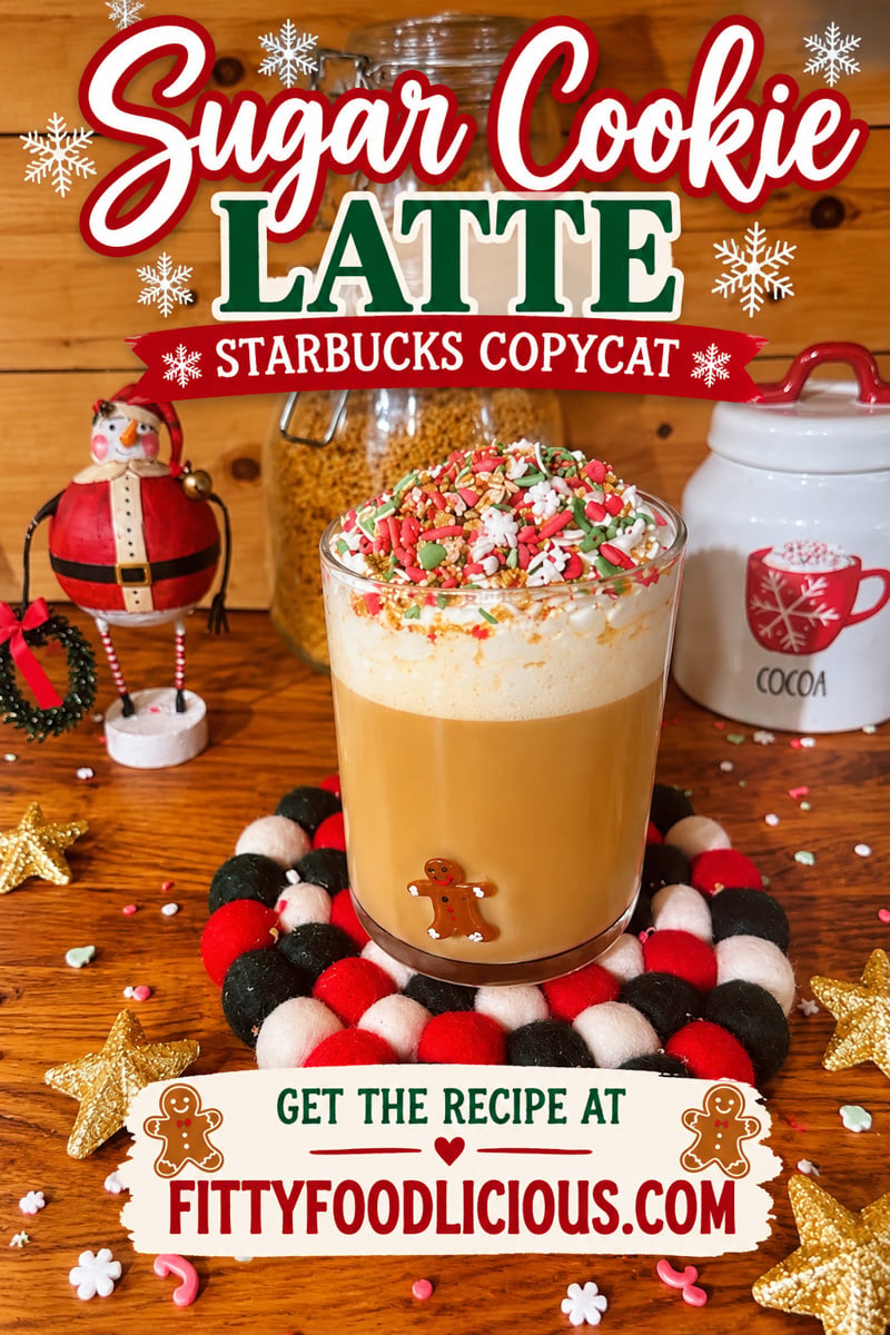 Pinterest graphic featuring a homemade Starbucks copycat Sugar Cookie Latte topped with whipped cream and Christmas sprinkles in a gingerbread glass, surrounded by festive Santa decorations, with the recipe website FittyFoodlicious.com.