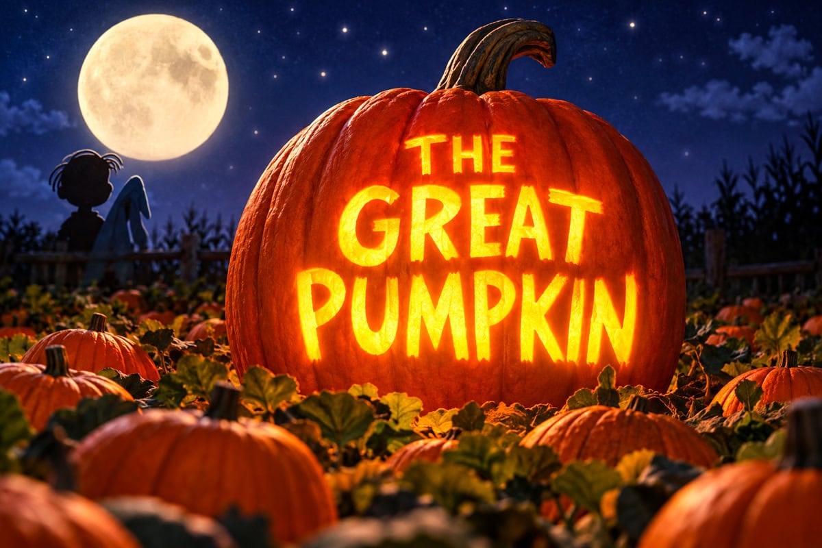 Giant glowing Great Pumpkin in a moonlit pumpkin patch, inspired by It's the Great Pumpkin, Charlie Brown.