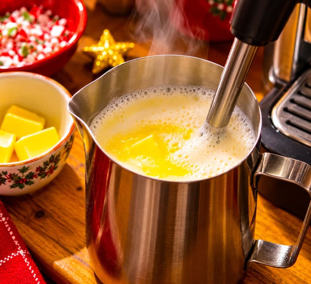 Steaming whole milk and butter together in a stainless steel pitcher until warm and frothy.